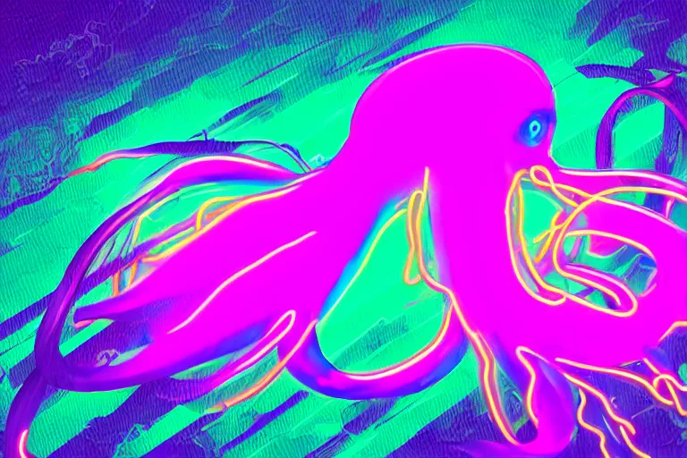 Prompt: digital art of a neon purple octopus floating in space by flooko, neon outline, sharp lines, blurry background (arcylic), ((synthwave)),