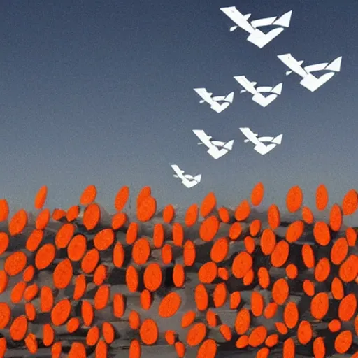 Image similar to a plane made out of carrots and dollar bills flying past the sun