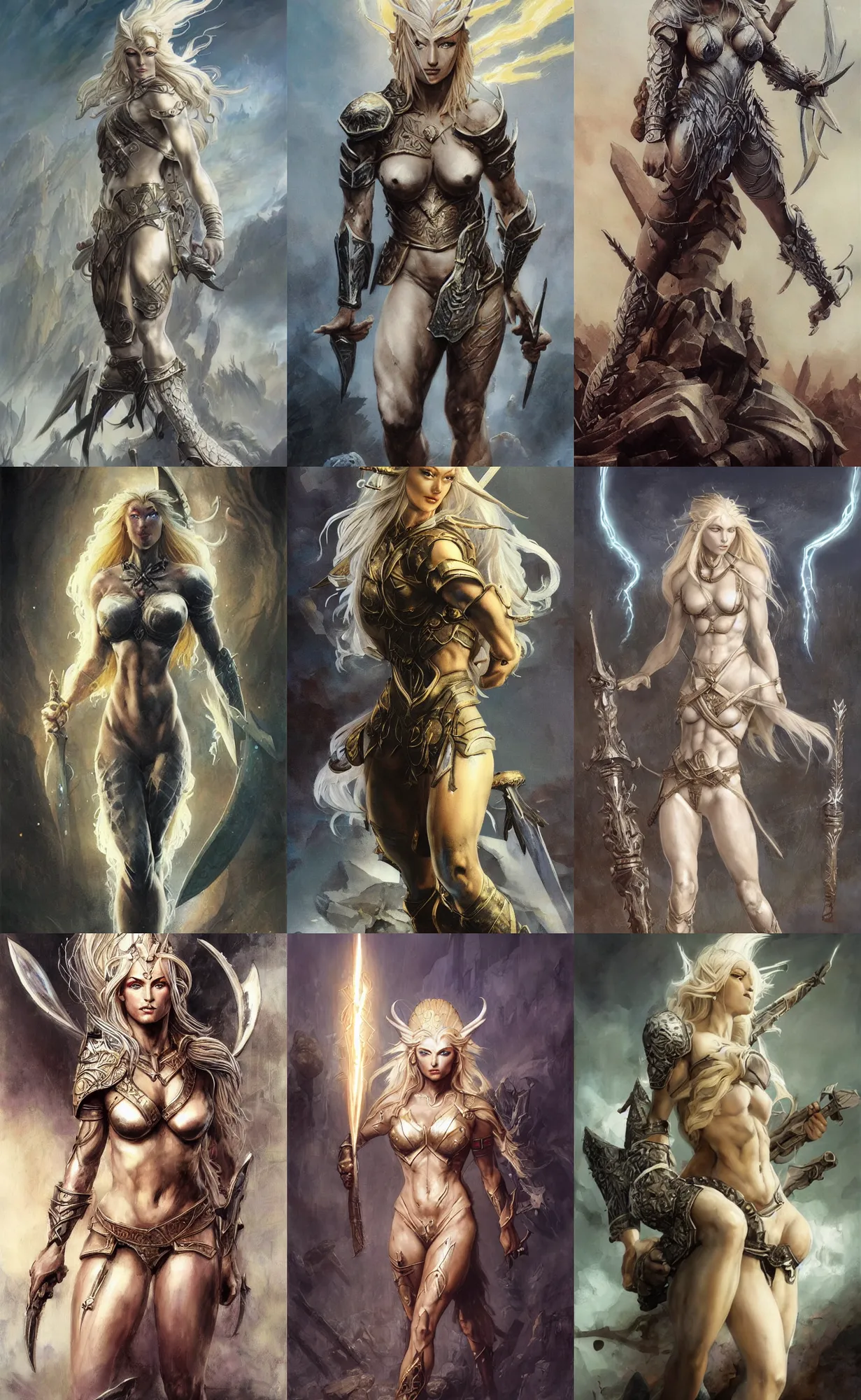 Prompt: A mixed media painting of the beautiful blonde goddess of war infused with lightning, very aesthetic, curvy, detailed face, elven armor, by Frank Frazetta, Greg Rutkowski, Boris Vallejo, Beeple, Yoko Taro, Christian MacNevin, epic fantasy character art, goddess of anger, viking runes, high fantasy, CGsociety, full length, exquisite detail, post-processing, masterpiece, cinematic, odin's stone arena background