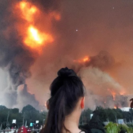 Image similar to girl taking selfie while bombs fall city burns in background