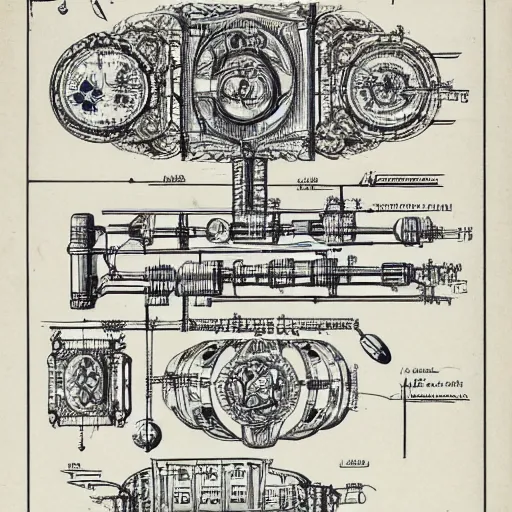 Image similar to schematic blueprint of highly detailed ornate filigreed convoluted ornamented elaborate medical equipment