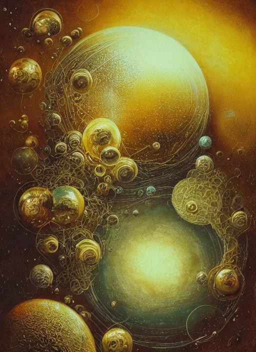 Image similar to spheres being covered by extremely detailed splatters of abstract gold paint, planets and moons engulfed in flames in the style of, pascal blanche, surreal, beksinski, high detailed