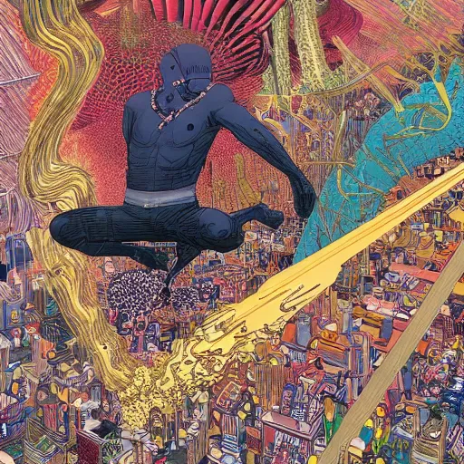 Image similar to invincible man show hyperviolent detailed maximalist hyperrealism psychedelic by victo ngai and moebius