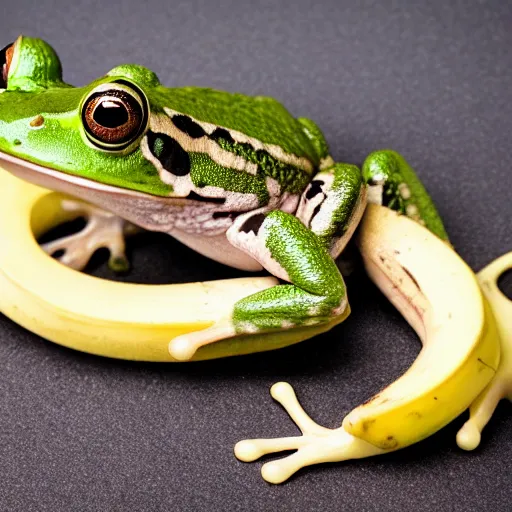Image similar to a frog made of banana, close - up professional photography, white background, studio lighting