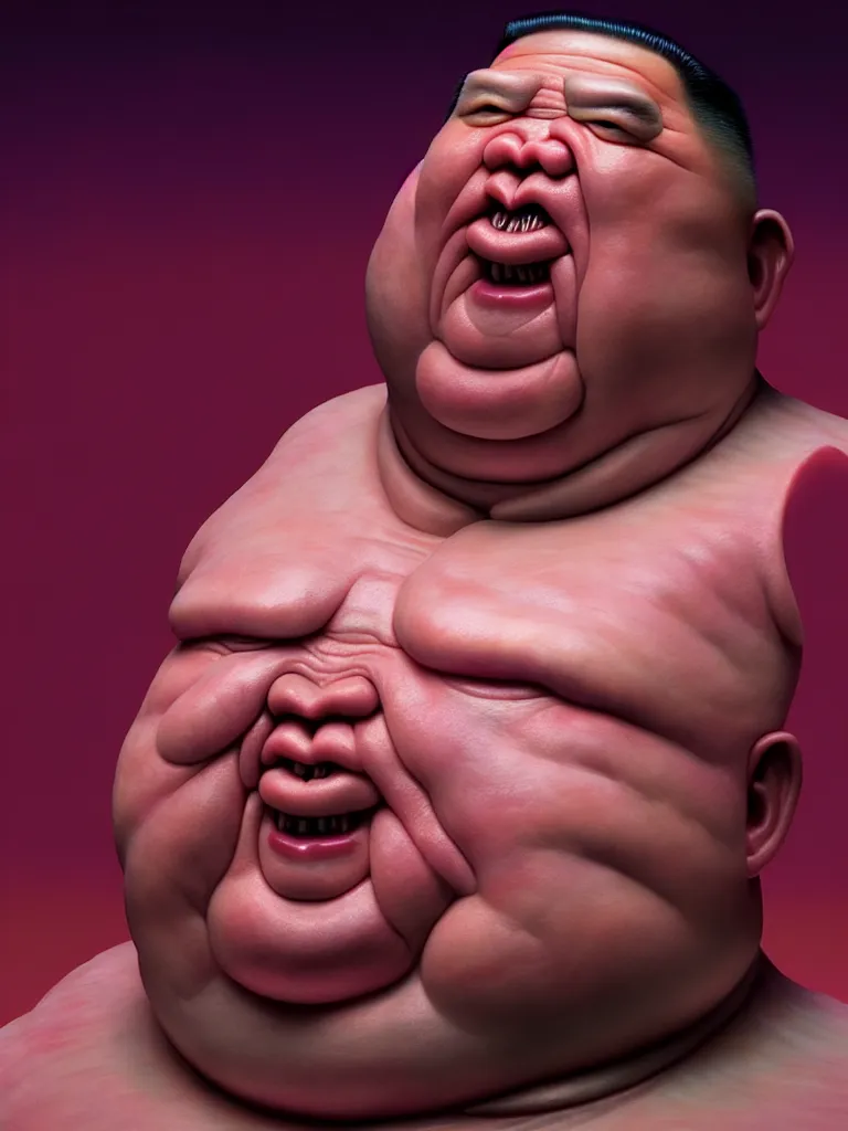 Image similar to hyperrealistic rendering, fat smooth cronenberg flesh monster kim jong - un by donato giancola and greg rutkowski and wayne barlow and zdzisław beksinski, product photography, action figure, sofubi, studio lighting, colored gels, colored background