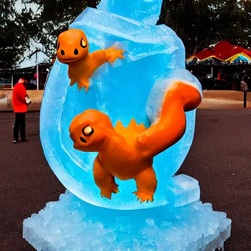 Prompt: ice sculpture of charmander made of ice, photography