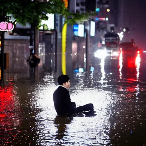 Prompt: seoul city is flooded by heavy rain. A guy with suit is sitting on the top of the A car is middle of the street flooded.