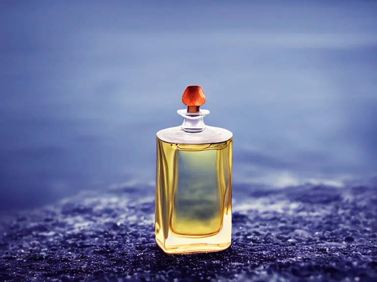 Image similar to perfume bottle standing on lilpadss in a deep blue pond ; 4 style of nicholas fols, 2 0 0 mm, mute dramatic colours, soft blur outdoor stormy sea background, volumetric lighting, hyperrealistic