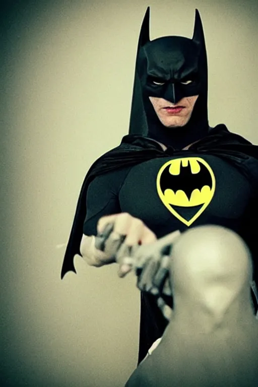 Image similar to batman cosplay, creepy, disturbing, bloody, darkness, grainy