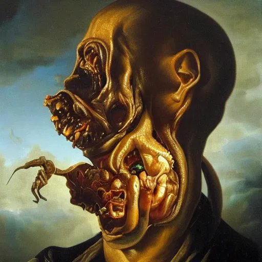 Image similar to refined gorgeous blended oil painting with black background by christian rex van minnen rachel ruysch dali todd schorr of a chiaroscuro portrait of an extremely bizarre disturbing mutated man with shiny skin acne intense chiaroscuro cast shadows obscuring features dramatic lighting perfect composition masterpiece