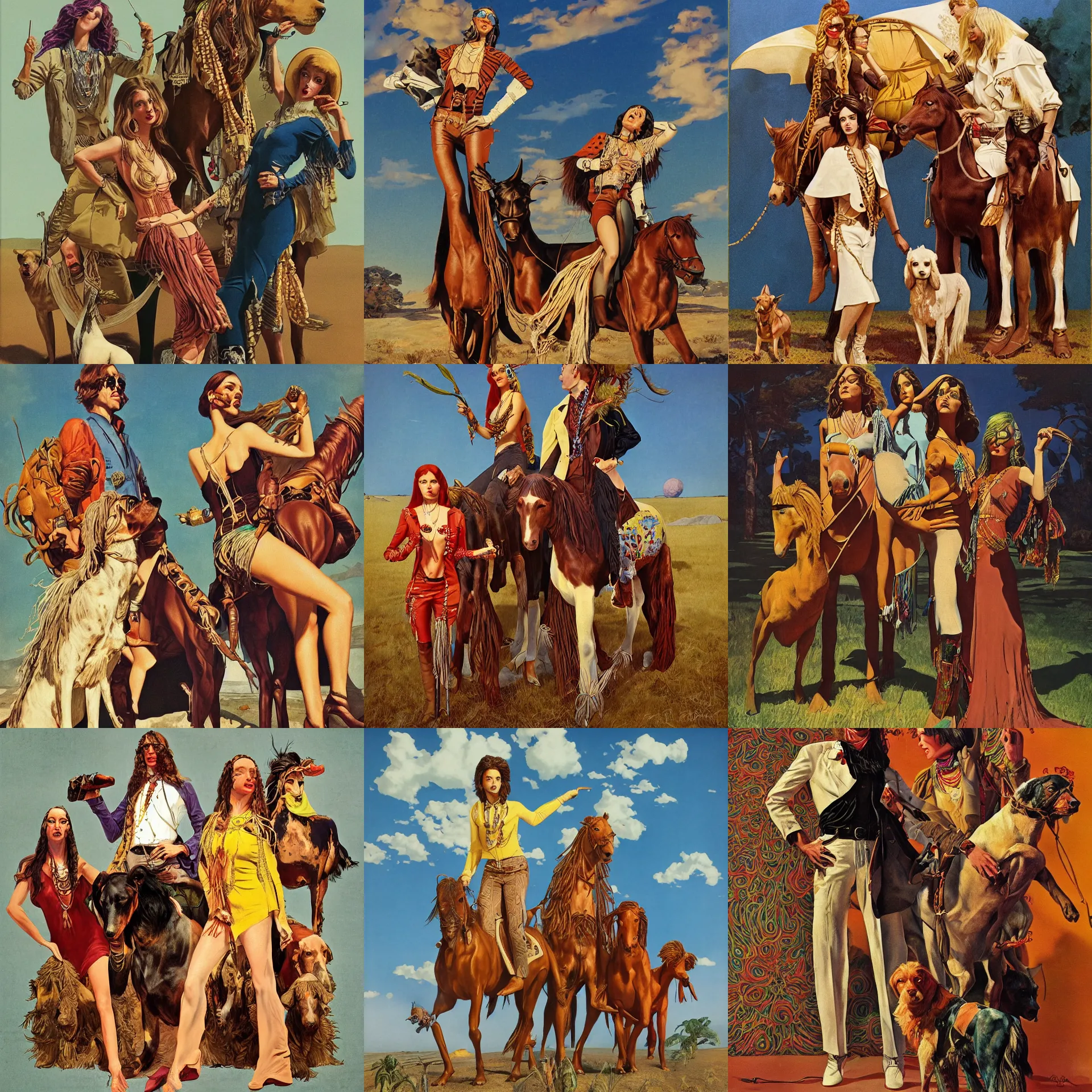 Image similar to pulp art, artwork by Joseph Leyendecker and Robert McGinnis and Alfred Henry Maurer, 3d octane blender render, Hippie and boho fashion 1970s, horses, dogs, birds, progressive rock album cover