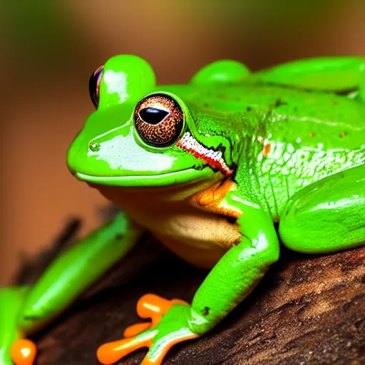Image similar to a green frog with red paws sits on a tree in a tropical forest, photorealistic, close - up