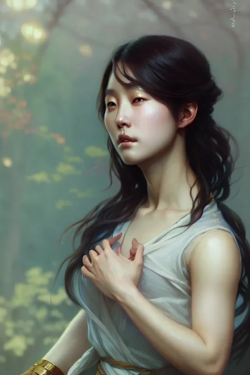 Image similar to beautiful digital painting of lee jin - eun gray background with high detail, 8 k, stunning detail, photo by artgerm, greg rutkowski and alphonse mucha, unreal engine 5, 4 k uhd