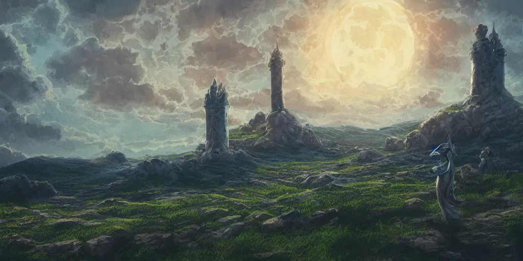 Image similar to The great intricate marble wizards tower, painted landscape, green fields in the background, moody lighting, moon in the night sky, sharp image, 4k, artstation, colorful digital art