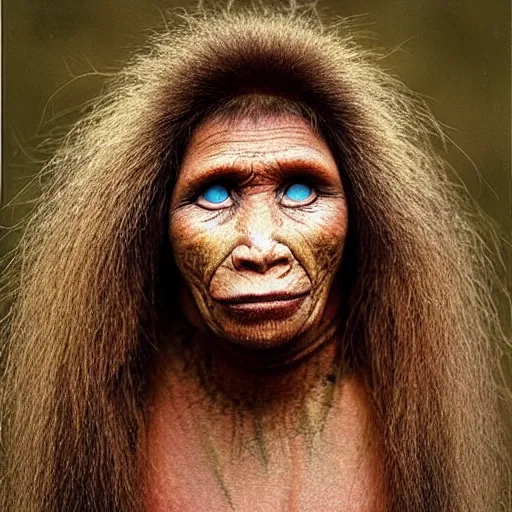 Prompt: “ Full body portrait of a primitive pre-human woman Neanderthal looking deeply to the camera, blue eyes, smiling, anthropology photography, color kodakcrhome 64,National Geographic ”