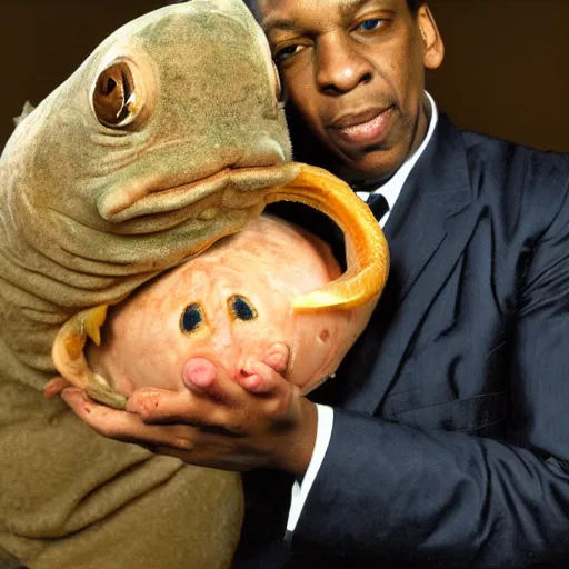 Prompt: john coltrane snuggling an ugly blobfish