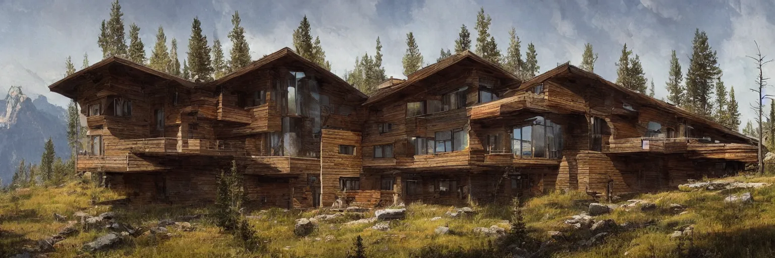 Image similar to a modern home on the side of a mountain in yellowstone national park, 8k, james gurney, greg rutkowski, john howe, artstation