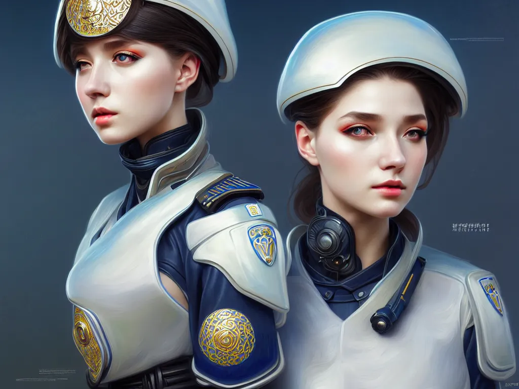 Image similar to portrait futuristic ukraine police uniform girl, at future neon light rooftop, ssci - fi and fantasy, intricate and very very beautiful and elegant, highly detailed, digital painting, artstation, concept art, smooth and sharp focus, illustration, art by tan zi and ayanamikodon and alphonse mucha and wlop