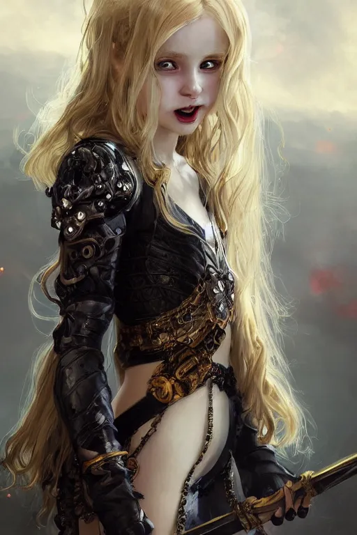 Prompt: a blonde vampire girl, child, freckles, smiling, fangs, messy curly hair, dark leather armor, onyx sword, flames in the background, embers intricate and very beautiful and elegant, highly detailed, digital painting, artstation, concept art, smooth and sharp focus, cg by tian zi and wlop and alphonse mucha