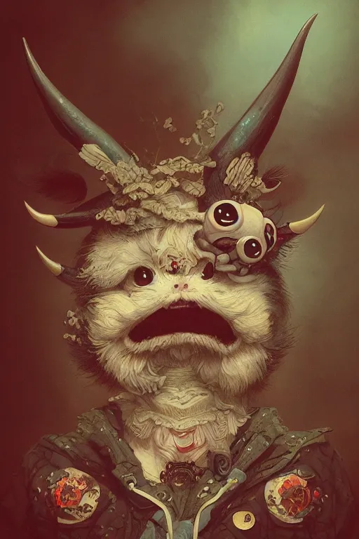 Image similar to a portrait of a cute japanese devil animal illustrated by miyazaki by karol bak, james jean, tom bagshaw, rococo, sharp focus, trending on artstation, cinematic lighting, hyper realism, octane render, 8 k, hyper detailed, vivid, ultra detailed, highly detailed