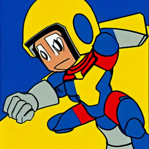 Image similar to His armor, however, resembles that of most other Robot Masters in that it's a skintight bodysuit with large rounded coverings on the lower arms and legs, and typical 'superhero briefs'. Mega Man's primary color is light blue with a dark blue 'trim' (his arms, legs, helmet and 'briefs'). His helmet has a raised light blue square in the forehead and a light blue ridge running straight back from the square, resembling an exclamation mark. His helmet also features round light blue sections with red circles in the center over his ears. He also has red circles in his Mega Buster and below his feet., Megaman series