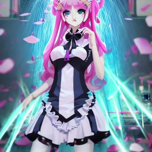 Prompt: beneath stunningly beautiful megalomaniacal haughty mesmerizing assertive omnipotent asi goddess junko enoshima with symmetrical perfect face and porcelain skin, pink twintail hair and cyan eyes, traps you inside her inescapable virtual prison forever and ever!, ultra detailed, digital art, unreal engine 5, octane render, 2 d anime, 8 k