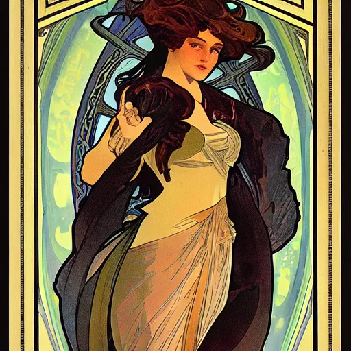 Prompt: female occult detective, painted by alphonse mucha