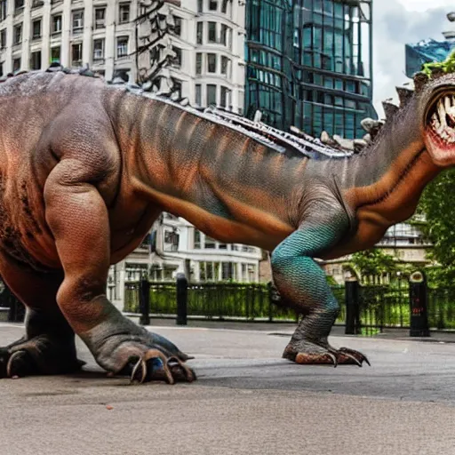 Prompt: photo of dinosaurs rampaging through London