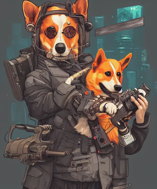 Image similar to a portrait of a cyberpunk corgi holding a chainsaw, fantasy, elegant, digital painting, artstation, concept art, matte, sharp focus, illustration, art by josan gonzalez