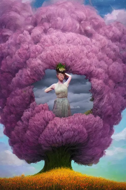 Prompt: closeup, giant flower head over mohawk, woman in heather field, surreal photography, starlight, storm clouds, impressionist painting, digital painting, artstation, simon stalenhag