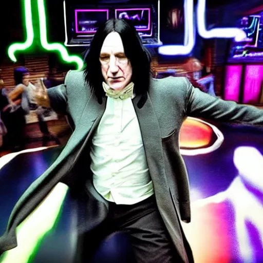 Image similar to Severus Snape dances in a bar, neon, realistic, full body, very detailed, super realistic dramatic view