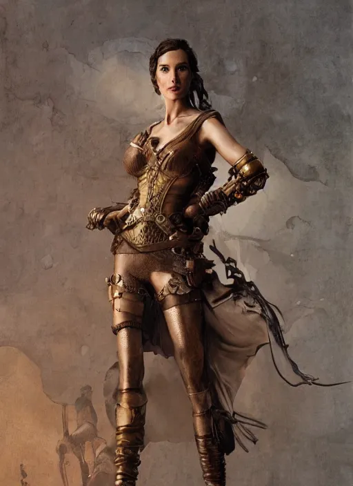 Image similar to highly detailed steampunk gal gadot standing, steel age : leonardo da vinci, greg rutkowski, magali villeneuve