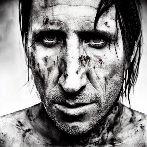 Image similar to portrait of trent reznor with long hair as a zombie by lee jeffries and michael hussar, horror, grotesque, award winning, sony a 7 r, trending on artstation