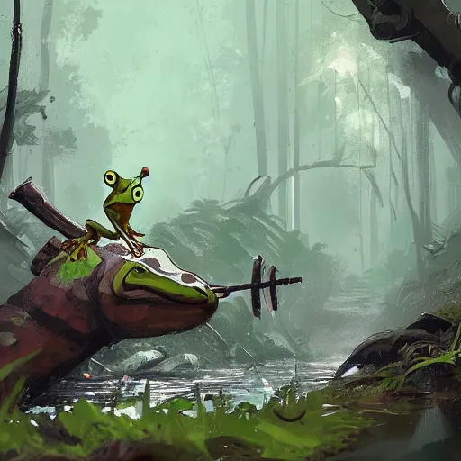 Image similar to concept art of a frog warrior battling a squirrel warrior near a stream, by ismail inceoglu,