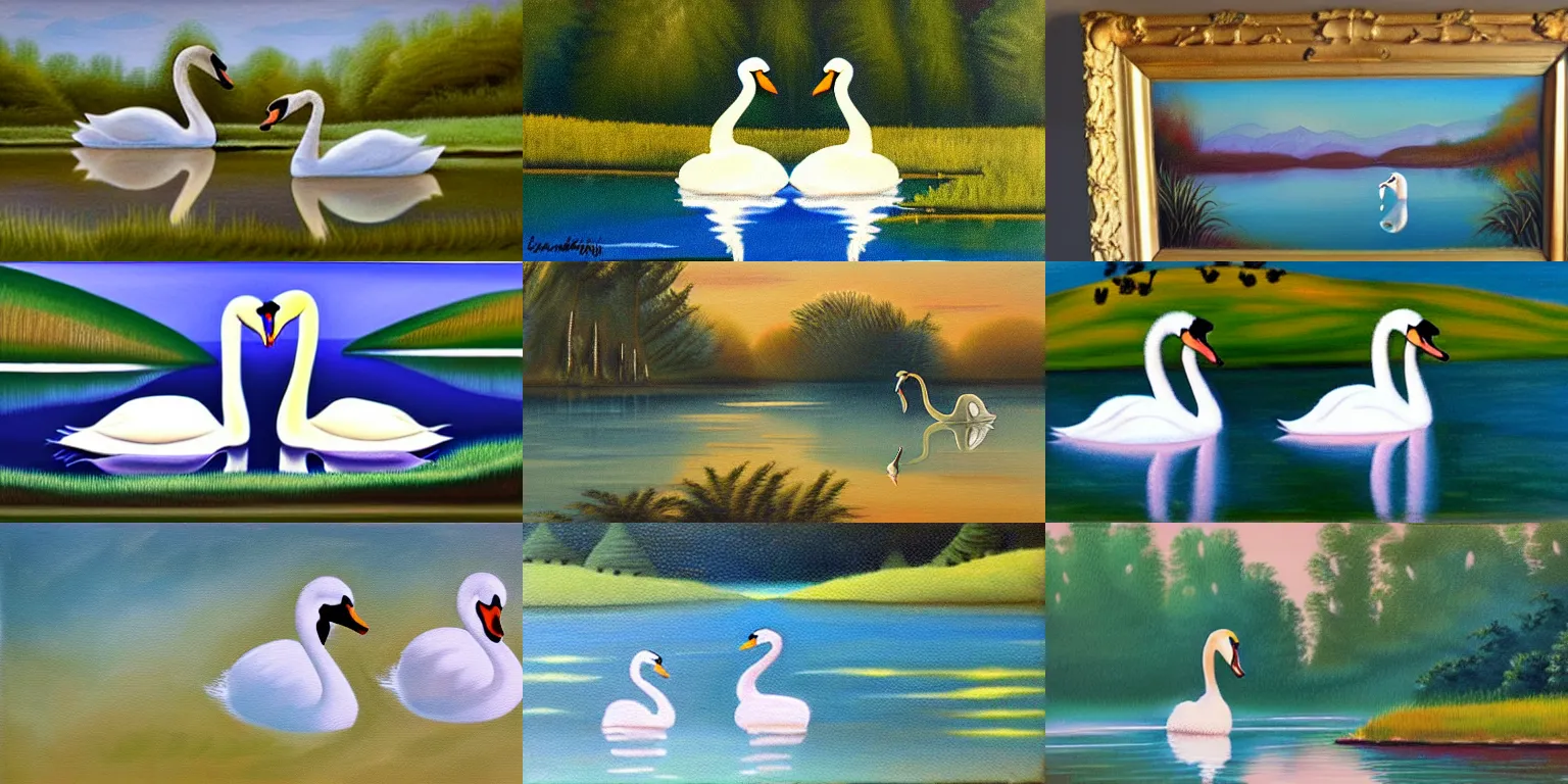 Prompt: painting of a couple of swans in a serene lake doing a courtship dance