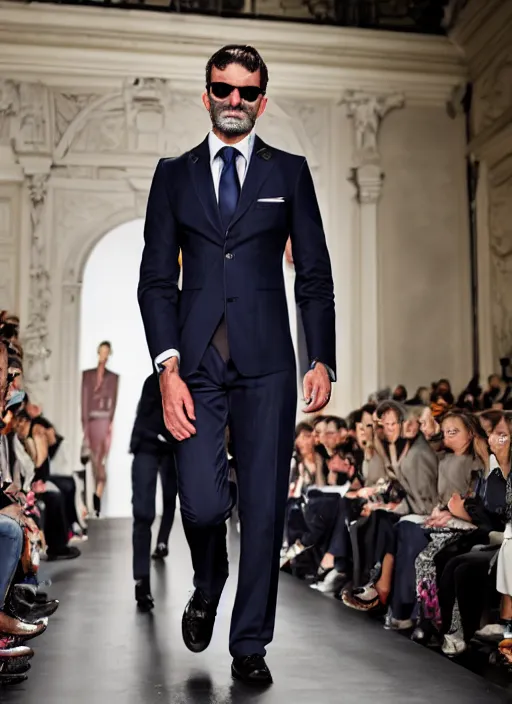 Image similar to hyperrealistic and heavy detailed runway show of italian tailor michel sapone, leica sl 2 5 0 mm, vivid color, high quality, high textured, real life