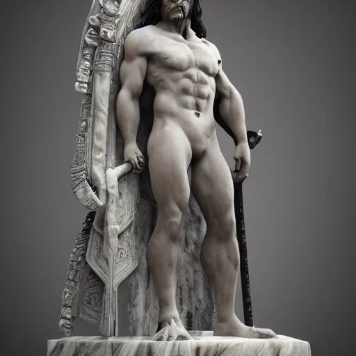 Image similar to Conan the barbarian as gloriously ornate ancient marble statue, realistic, cinematic volumetric, hyper detailed, high octane 3D render