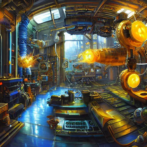 Image similar to fusion reactor in a cyberpunk tinkerer's workshop cryengine render by android jones, james christensen, rob gonsalves, leonid afremov and tim white