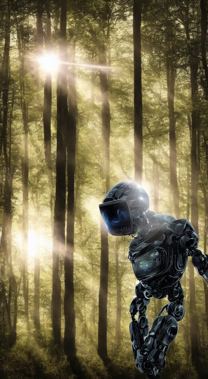 Image similar to a robot portrait in a movie, forest, cinematic shot, sun beams