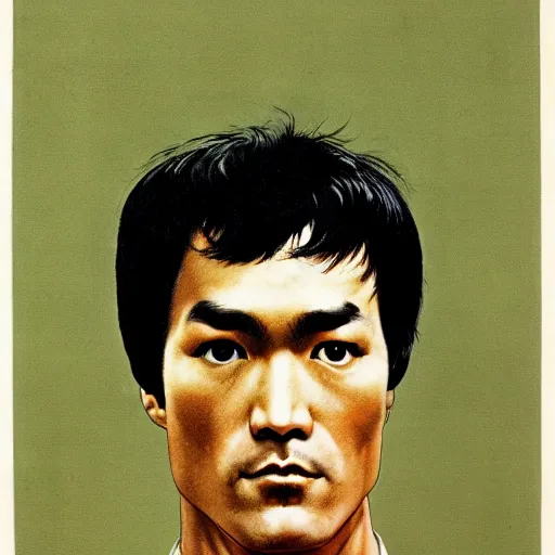 Prompt: Frontal portrait of Bruce Lee. A portrait by Norman Rockwell.