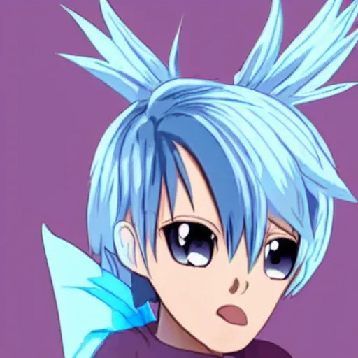 Image similar to a dark skinned anime tomboy with short spiky light blue hair