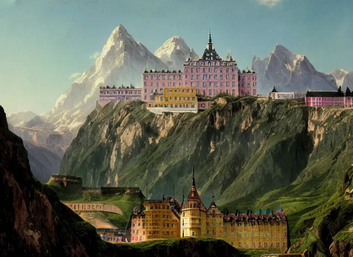 Image similar to painting of the grand budapest hotel in front of beautiful mountains by thomas cole