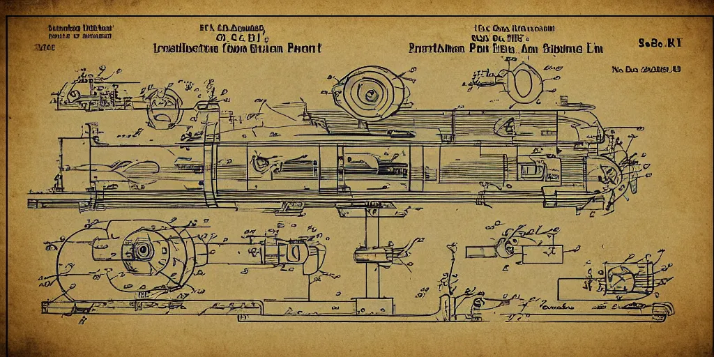 Prompt: portal gun patent blueprint, paper, engineered, 8 k, highly technical, production ready, from portal the game,
