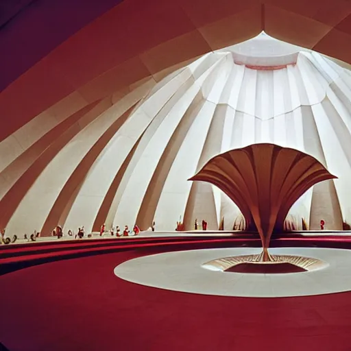 Image similar to interior of a futuristic lotus temple with gold, red and white marble panels, in the desert, by buckminster fuller and syd mead, intricate contemporary architecture, photo journalism, photography, cinematic, national geographic photoshoot