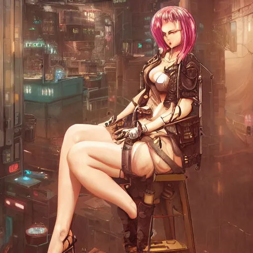 Image similar to a painting of a woman sitting on a stool, cyberpunk art by masamune shirow, pixiv contest winner, fantasy art, steampunk, enchanting, detailed painting, storybook illustration