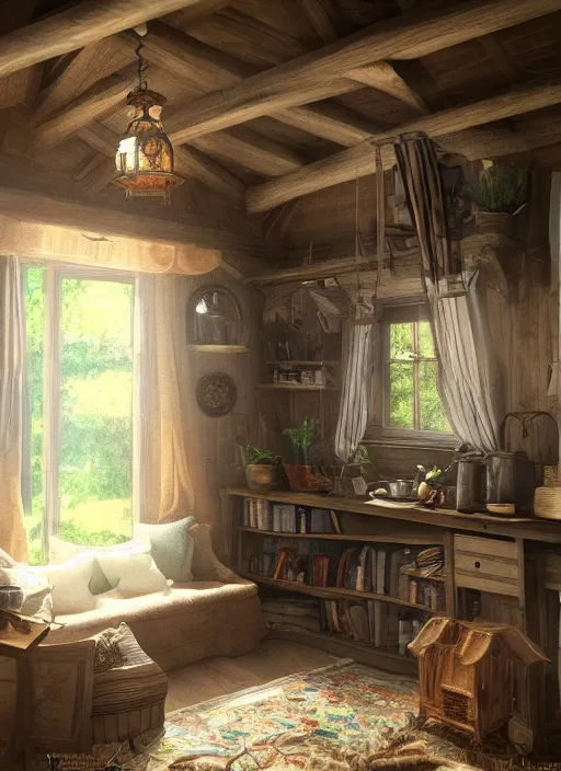 Prompt: beautiful interior of a cozy cottage, trending on artstation