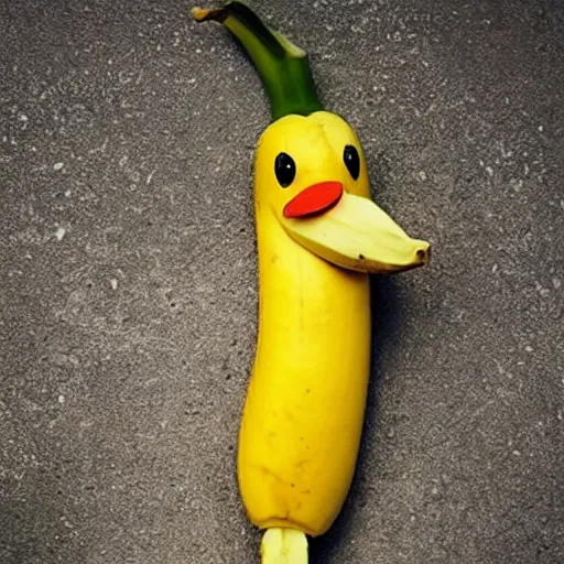 Prompt: a banana in the shape of a duck. A duck in the shape of a banana. Banana duck. Banana with duck face.