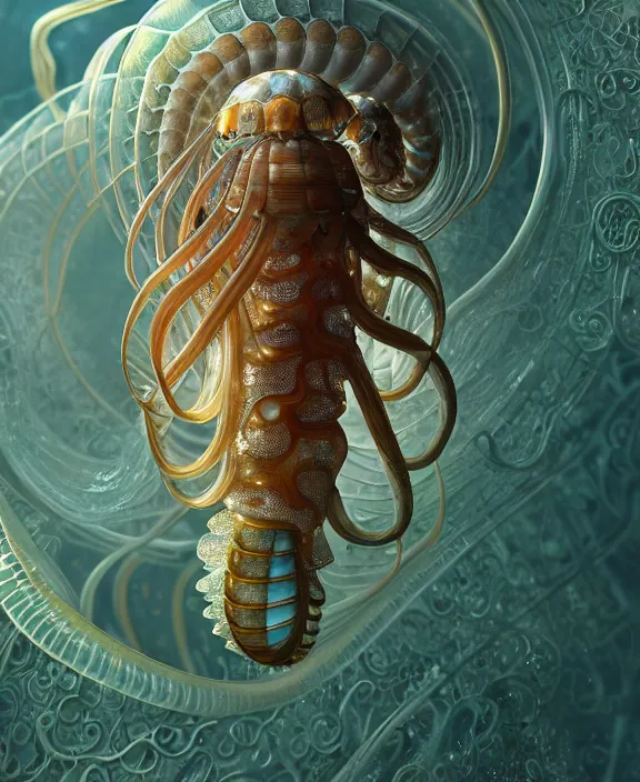 Image similar to intricate ornate opulent transparent clear see - through portrait of a horrific beautiful isopod nautilus snake, fractal, adorable, childlike, overgrown biopunk jungle environment, ultra realistic, concept art, art nouveau, photorealistic, octane render, 8 k, unreal engine. art by christopher marley and artgerm and greg rutkowski and alphonse mucha