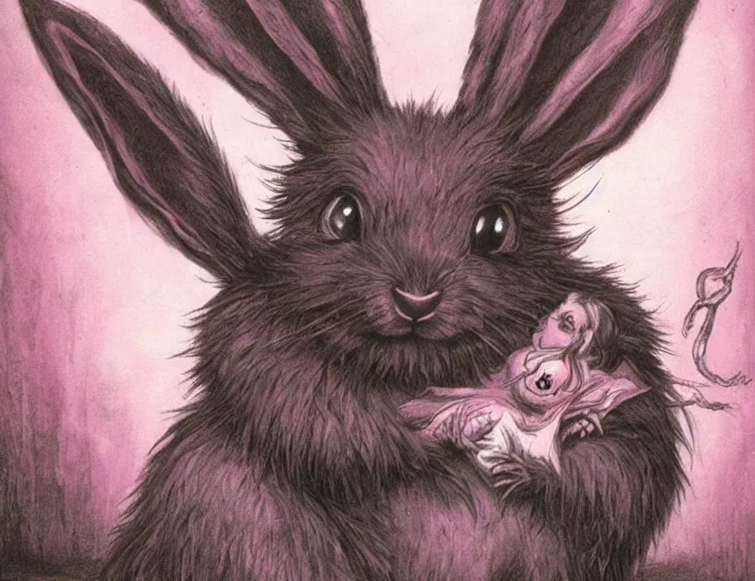 Image similar to old - school dark fantasy art, cute fluffy pink soul - eating bunny