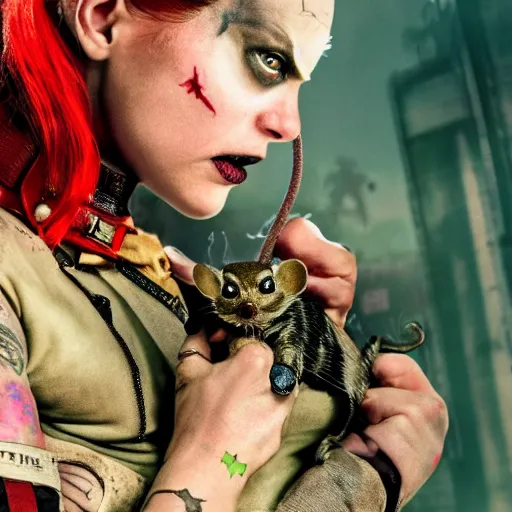 Prompt: ratcatcher 2 from the suicide squad, holding a cute rat in her hands, photo taken on a nikon, very detailed, 4k